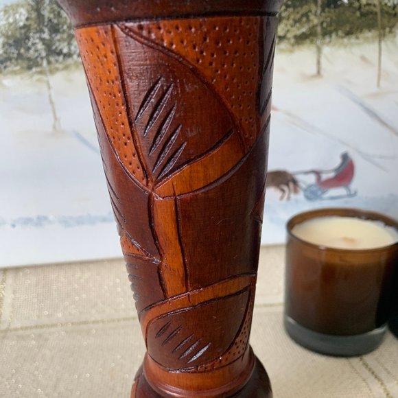 Hand Carved Wooden Decorative Vase with Fish and Flowers 8.5H & 2.75W - Picture 2 of 7